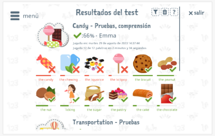 Los resultados de las pruebas proporcionan información sobre el conocimiento del vocabulario del tema Caramelo