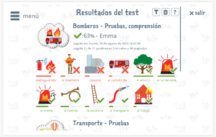 Los resultados de las pruebas proporcionan información sobre el conocimiento del vocabulario del tema Bomberos