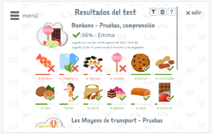 Los resultados de las pruebas proporcionan información sobre el conocimiento del vocabulario del tema Caramelo